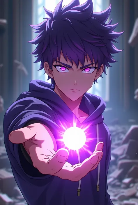 A very tall teenage boy with short spiky violet hair, piercing violet eyes with flowing lightly glowing violet pupils, thin fit male build, dressed in a violet t-shirt, black loose pants with a violet bandage-belt, with a serious look and a calm face, stra...