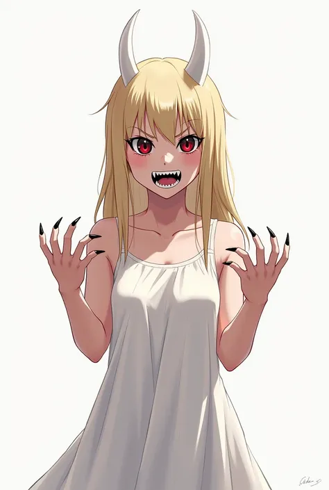     young adult with long and straight blond hair,    empty black eyes and angry red pupils,  white horns, ,       white dress       , claws a bit large and sharp , Mouth anger with huge sharp teeth ,    in battle position      ,Serious look,on white canva...