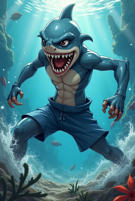 Shark boy in anime in fighting pose