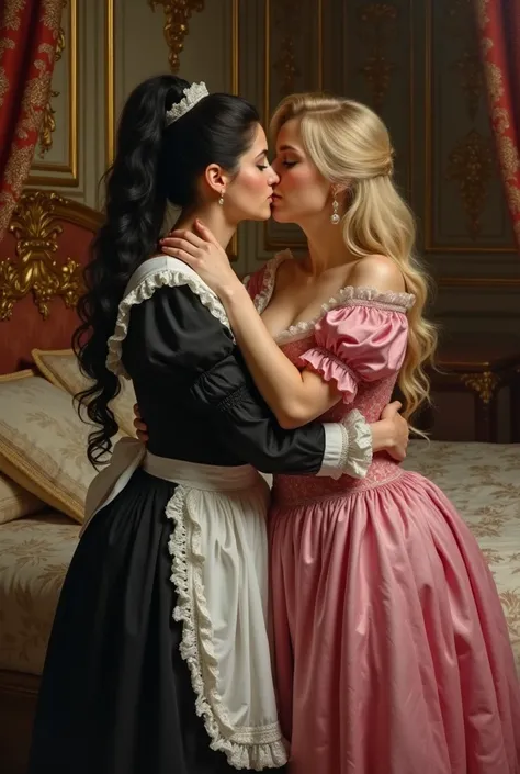 Renaissance oil painting of two lesbian women kissing in a beautiful bedroom ( one of the women has black hair in a ponytail and a maid suit and another has blond hair and a big pink dress)