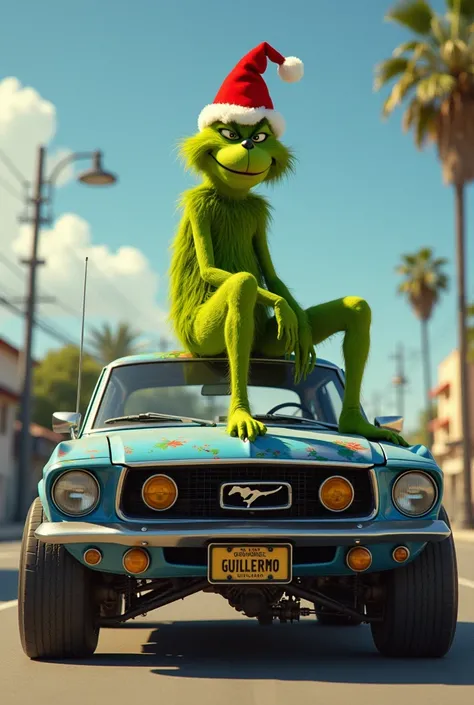 The funny Grinch , WITH CHRISTMAS HAT ON A CAR WITH MODIFICATIONS AND THE NAME Guillermo 