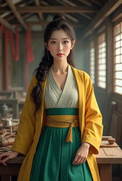 Woman 1, shipbuilding, Hanbok, Yellow jacket , 초록Hanbok치마,  black hair ,  dangi hair with long braids on one side,  dark eyed,  beautiful , Round eyes like a dog