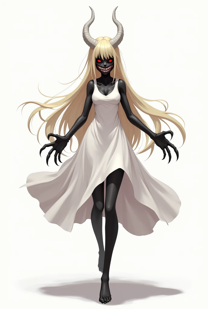     young adult with long and straight blond hair,   totally black creepy empty eyes and angry red pupils,  white horns, ,       white dress       , claws a bit large and sharp , Mouth anger with huge sharp teeth ,    in battle position      ,Serious look,...