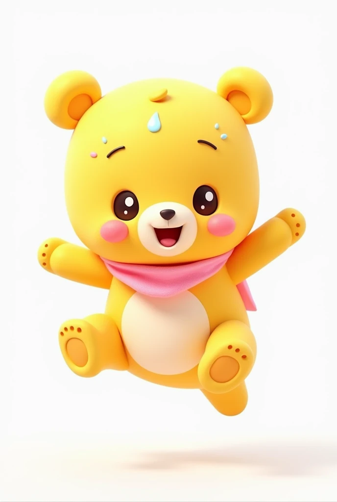 A vibrant and dynamic 3D character of a yellow bear with a playful and curious personality. The bear is mid-jump with arms outstretched, as if reaching for something exciting. It has big, sparkling eyes full of wonder, a rounded and soft body, and small, p...