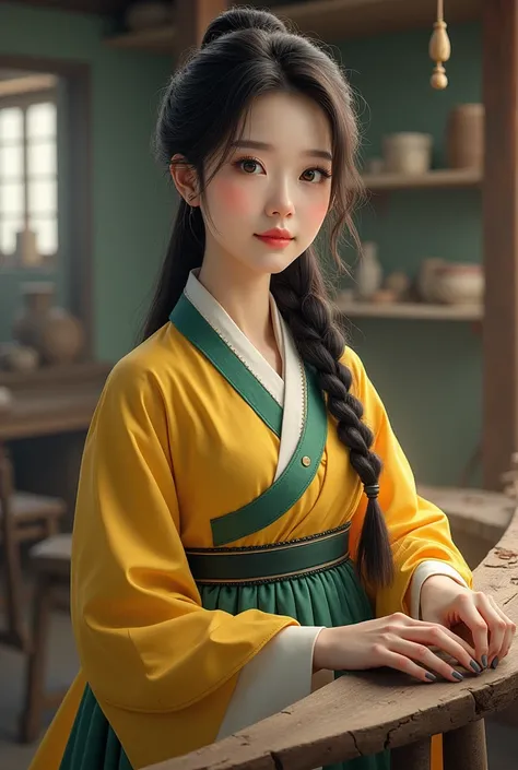 Woman 1, shipbuilding, Hanbok, Yellow jacket , 초록Hanbok치마,  black hair ,  dangi hair with long braids on one side,  dark eyed,  beautiful ,  round eyes like a dog ,  traditional