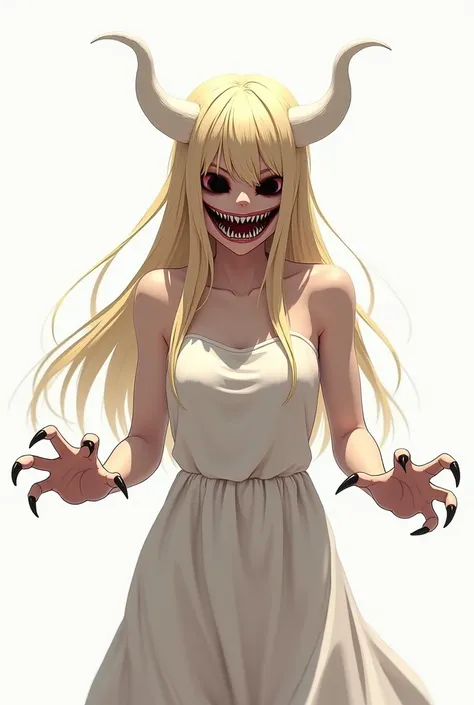     young adult with long and straight blond hair,   totally black creepy empty eyes and angry red pupils,  white horns, ,       white dress       , claws a bit large and sharp , Mouth anger with huge sharp teeth ,    in battle position      ,Serious look,...