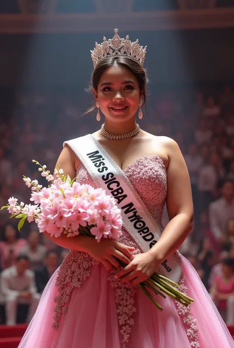 real picture,  a beautiful young chubby Indonesian woman senyum tipis,hair Messy Bun , wearing a crown on her head ,dan memegang seikat bunga plum,wearing a Miss universe dress, wearing a sash ribbon that reads  "MISS SICBA 2025 "ejaan jelas dan terang,set...