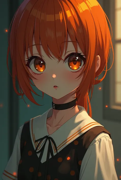 a girl with tied hair , Yandere,  and another on the side with big and orange hair with orange eyes wearing a school uniform and a polka dot stocking,  a half orange with dark orange dots ,  with two sides of her hair tied 