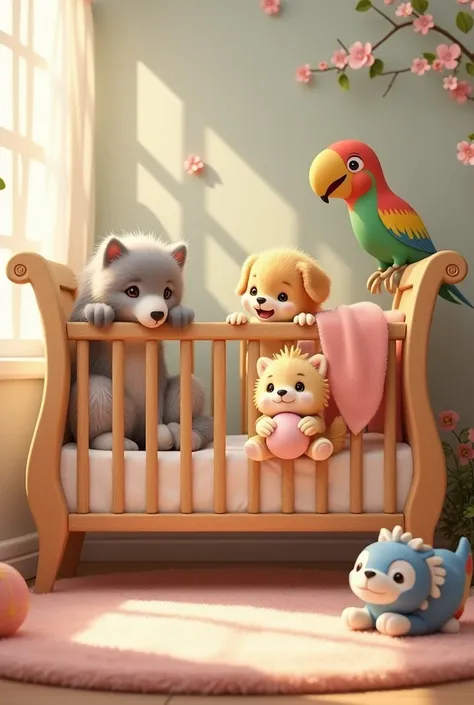 Image of a crib without people but with animals 