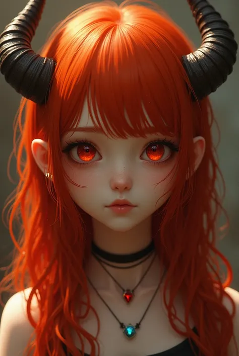  REALISTIC IMAGE, Beautiful image, hd image,  short girl , indifferent look, orange skin,  red eyes, short and soft horns, long, red hair