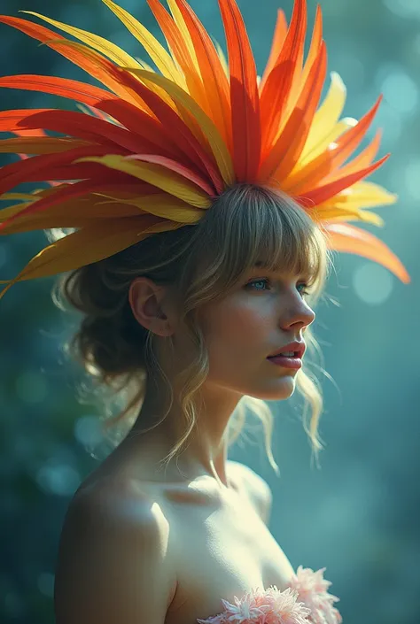 Make Taylor Swift indigestible with a macaw feather headdress a clear picture with light 