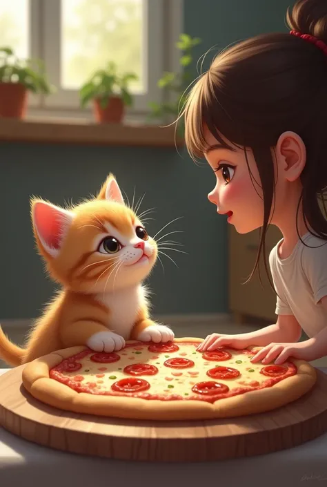 Baby kitten wants to eat pizza,she asked her mommy to odder a pizza