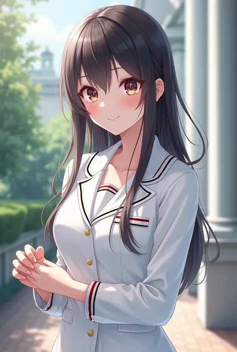 High quality anime, beautiful girl, college white student uniform, beautiful hands, Asian, university background