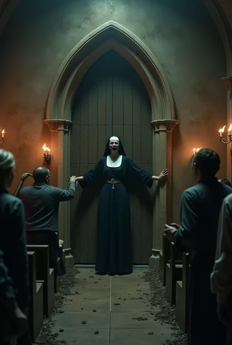 "A horrifying cinematic scene featuring a demonic nun inside a dimly lit gothic church. The nun, with a cracked, veiny face and glowing black eyes, is struggling to hold a large wooden door closed against a group of terrified villagers outside trying to fo...