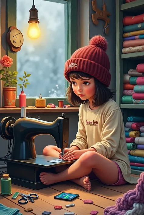 *"A young girl 35 years old is sitting cross-legged on the floor of a small, cozy storeroom, painted in rich Gouache watercolor tones with a soft matte texture. She is diligently working on an old sewing machine surrounded by vibrant fabric scraps, colorfu...