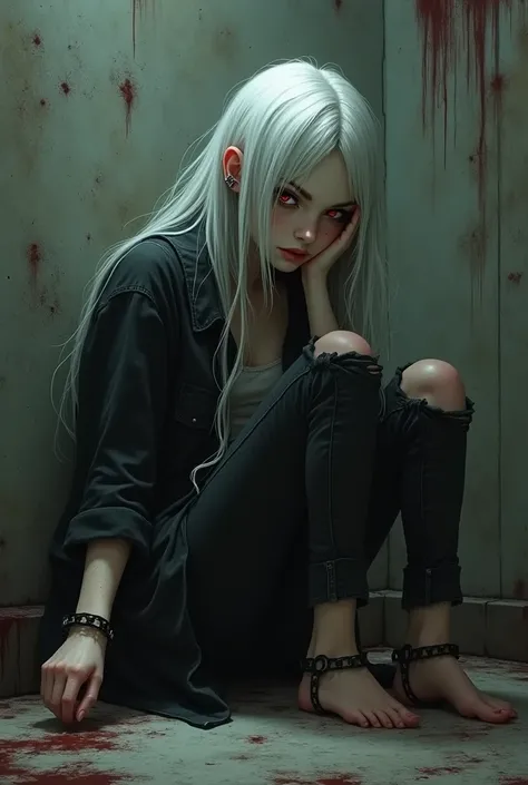 Solo girl chained to the ground and wall white long hair ruby eyes skinny black rip jacket rip black jeans,dark mental asylum bloody