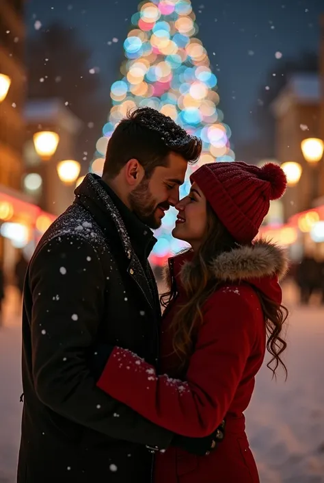  nice couple on a Christmas night . They are in love, they look into each other&#39;s eyes, Snow falls , They are in a beautiful town ,  in the background you can see a huge Christmas tree. The scene is very romantic .  They give each other a sweet kiss fu...