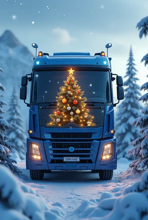 A decorated christmas tree inside a trailer in electric heavy-weight blue lorry in Laplandia scenery