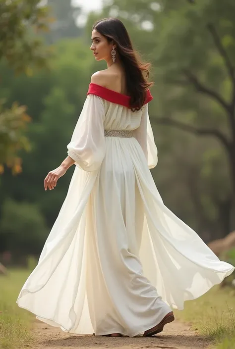 Gharara/ sharara wide white trouser cambric with 
Any colour long  lawn kurta
Deep boat neck off shulder plain organza style neck red