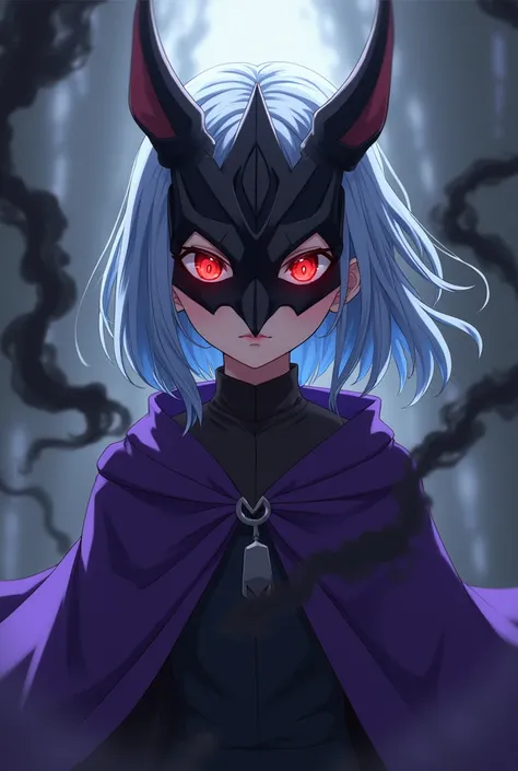 Anime style Woman, light blue hair, black oni mask, bat ears, red eyes. Black smoke from mask, black smoke around her. Purple cloak and shirt