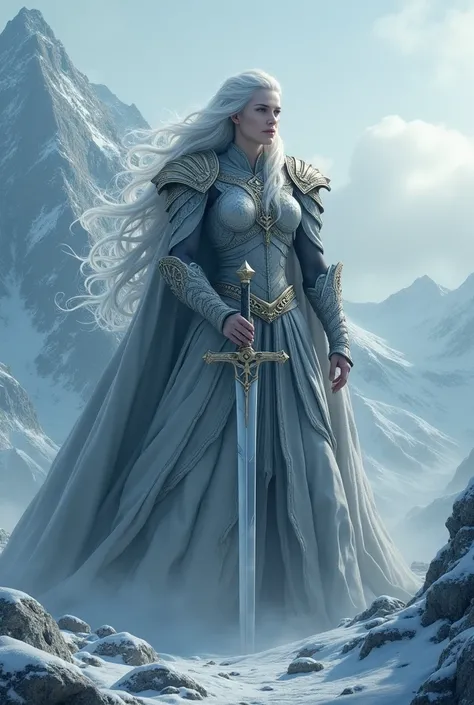 a hyperrealistic giant queen  with long  hair, one sword in hands and clothes of a queen . 4k HDR with lots of detail. The queen is extremaly muscular and Strong. background ice mountains