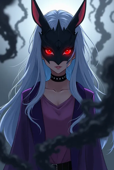 Anime style Woman, long light blue hair, black face covering oni mask, bat ears, red eyes. Black smoke from mask, black smoke around her. Purple cloak and shirt