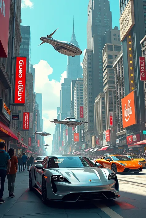 Make a silver Porsche car crossing a cyberpunk road with heavy traffic, with different cars and futuristic models with several different colors,  The day is sunny . Show large buildings on the stage , flying cars,  with Coca-Cola Amazon advertisements .  P...