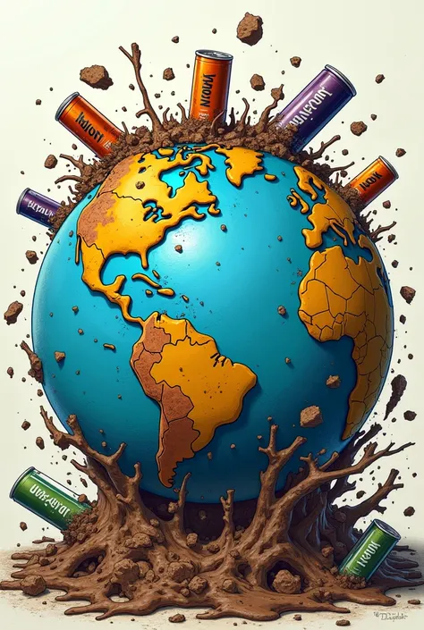  Easy to draw caricature-style drawing of the damage that energy drinks do to ecosystems (That it has a planet Earth made of shit because of energy drinks as the protagonist and energy drinks as the antagonist)