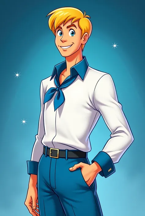 Give me an image of Fred Jones from the series Scooby Doo, a handsome young adult with his short blonde hair wearing his white long sleeve shirt with a blue collar, long blue pants and a handkerchief around his orange collar and behind a blue background wi...