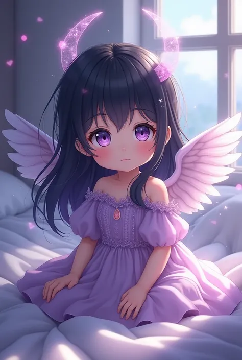 Anime,Anime Style,1girl ,half angle half demon baby,in a lilac dress, with long black hair light purple eyes