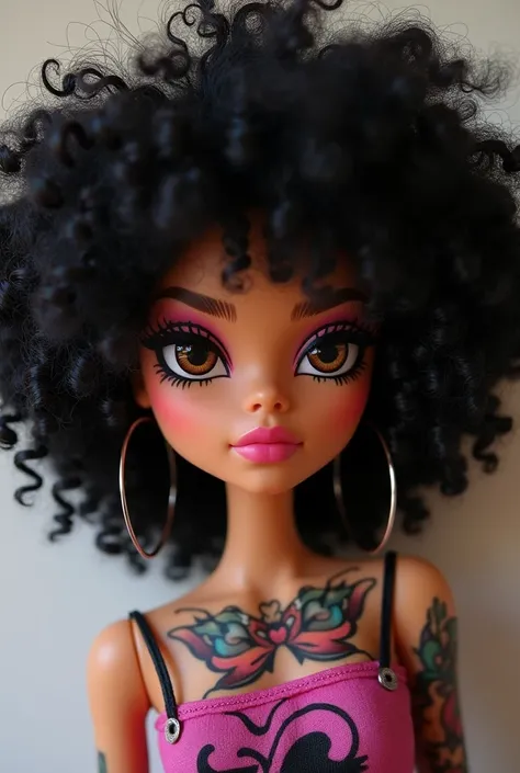 Create Bratz doll curly hair black big eyes fair skin and tattoo 