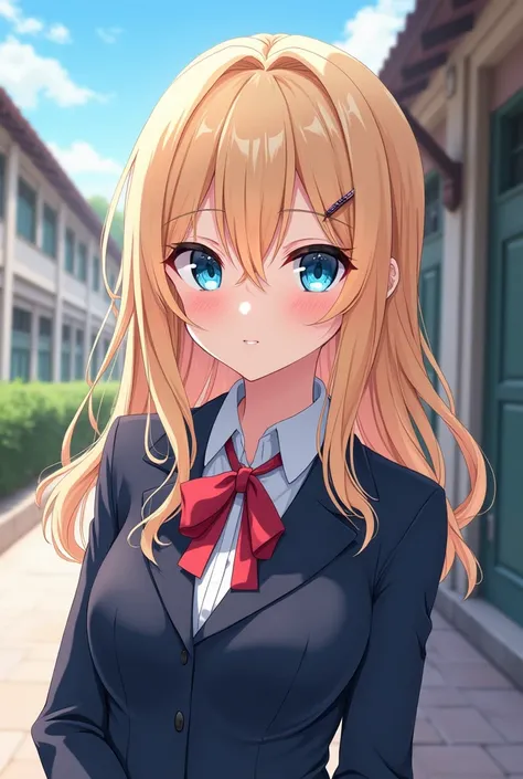 (anime) girl. student. long blonde hair. light blue eyes. popular girl in the university.