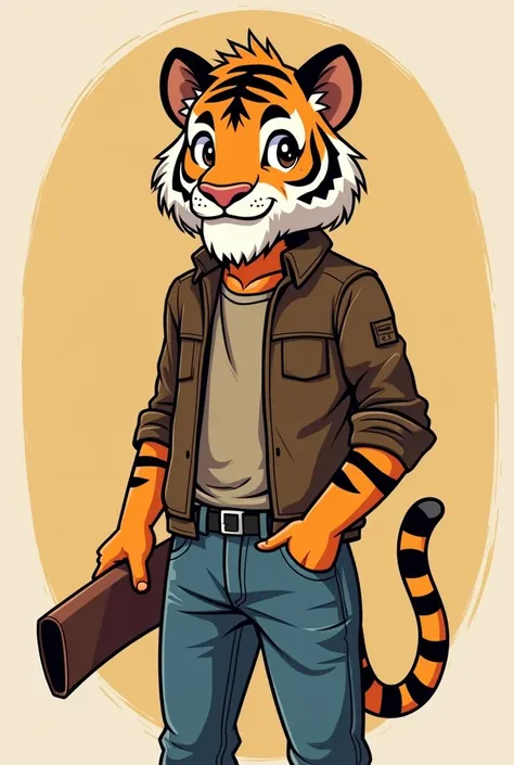 A cartoon of a young Tiger with a beard ,  who is half smiling and who is dressed in a bluejean , In one hand he must be holding a piece of leather.  Only half of the Tigers body should be seen and it must be inside a circle