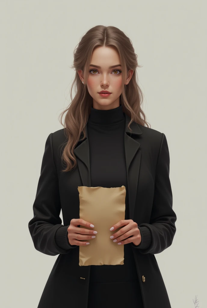 Create an image of a woman messenger of the king with clothes that are simpler to make, black dress with a black cardigan on top with parchment and that transmits the season