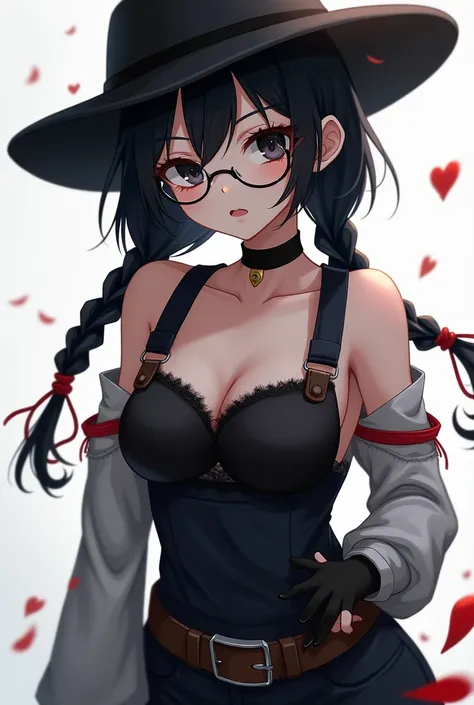   masterpiece ,  cg , anime,   similar to kemono,  best quality, 1 , Linked, Bondage,  pretty face, detailed face, cowboy shot, Dokkaebi, 1 , Alone,  looking at the viewer ,   black hair, Braid, cups, black gloves, belt, pants,  black eyes, twin Braids,  s...