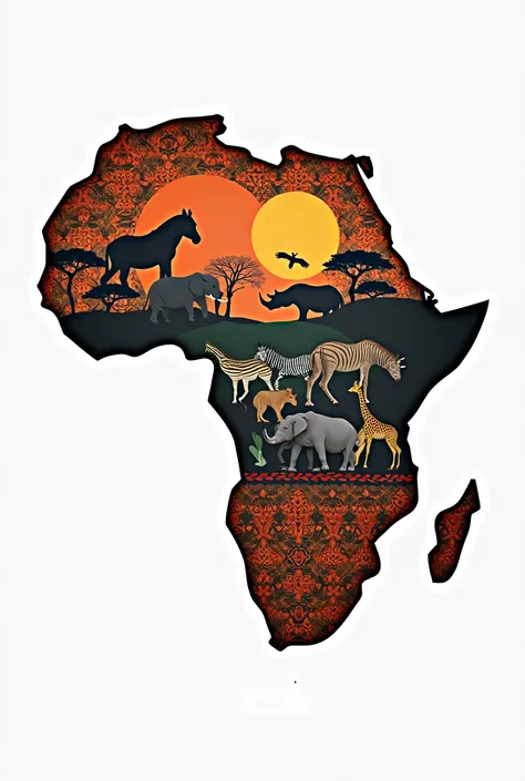 Draw 
1. **African continent outline**: filled with colorful, intricate patterns and designs.
2. **Animals**: fewer animals like elephants, lions, zebras, giraffes, rhinoceroses, and birds, with minimal repetition.
3. **More colorful African patterns** to ...