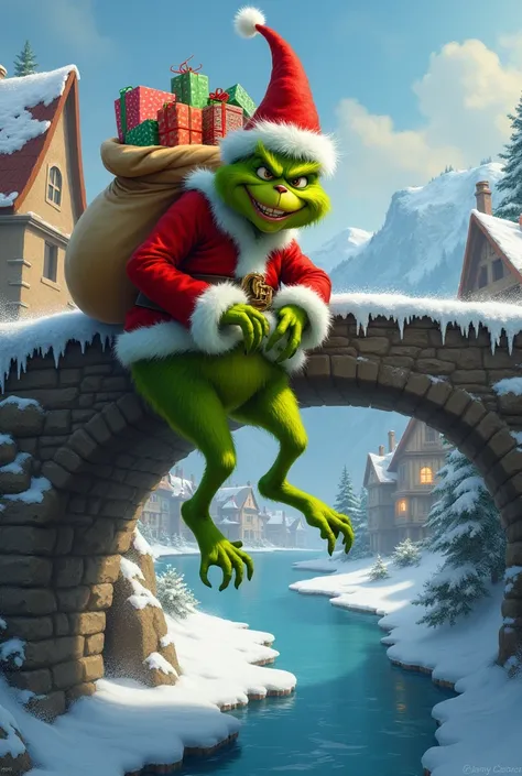 Grinch dressed as Santa Claus carrying a bag and hanging from a bridge