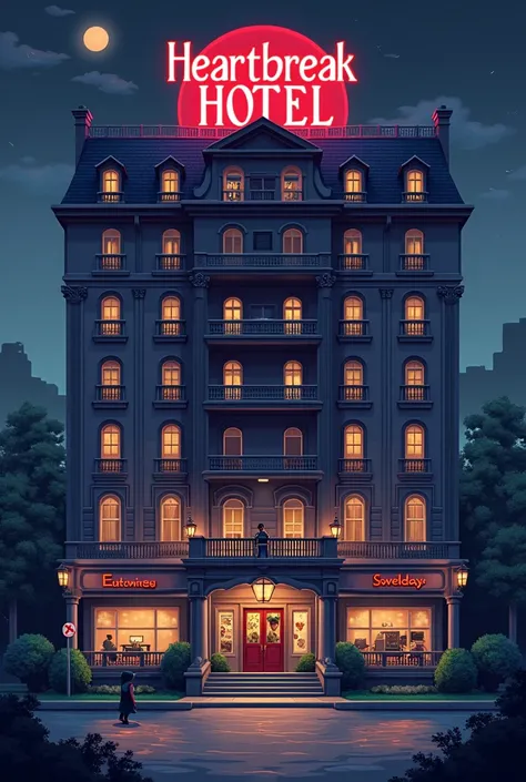 Make me an album cover of a pixelated place called the heart break Hotel with a pixelated killer with a mask on his face hidden very well somewhere in the picture it should look like a game but make the heart break Hotel an actual grand  heartbreak hotel 2...