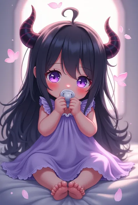 Anime,Anime Style,1girl ,half angel half demon baby,in a lilac dress, with long black hair light purple eyes,hybrid,sucking on a pacifier 