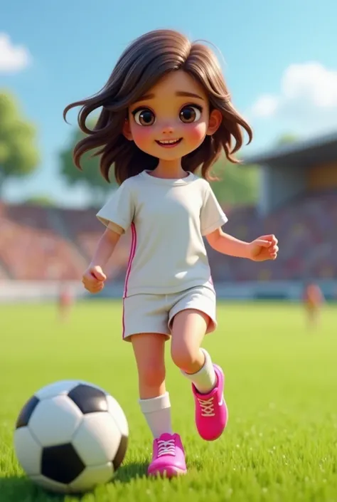 Short girl of 163 , playing soccer with wavy hair , the white t-shirt the white pants and the pink boots