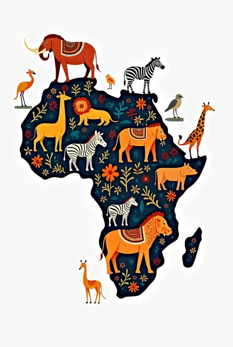 Draw 
1. **African continent outline**: filled with colorful, intricate patterns and designs.
2. **Animals**: fewer animals like elephants, lions, zebras, giraffes, rhinoceroses, and birds, with minimal repetition.
3. **More colorful African patterns** to ...