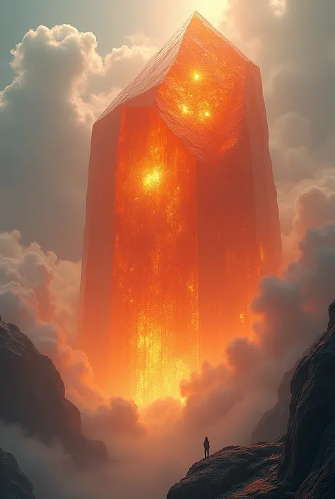 Make a gigantic gemstone similar to an incomprehensible mountain , The orange-colored gemstone is so big that clouds appear around it 