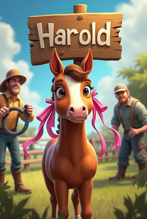 A humorous and engaging scene featuring Harold, a young brown foal, with a sarcastic expression as pink ribbons are tied in his mane. Surrounding him are exaggerated elements from his story: a racetrack in the distance, a looming farrier holding a horsesho...