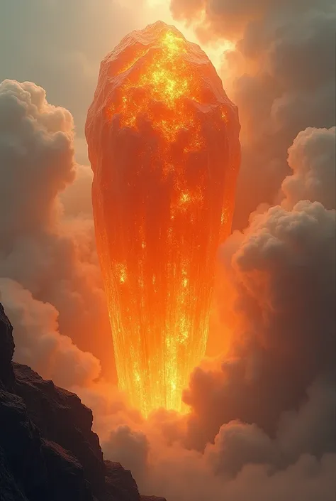 Make a gigantic gemstone similar to an incomprehensible mountain , The orange-colored gemstone is so big that clouds appear around it 