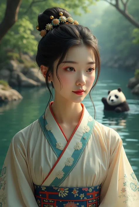 chinese woman, realistic image,  live person, portrait, traditional clothes, panda swimming in the river