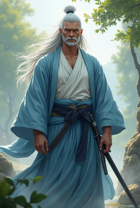 Long white hair samurai in light blue and white kimono 