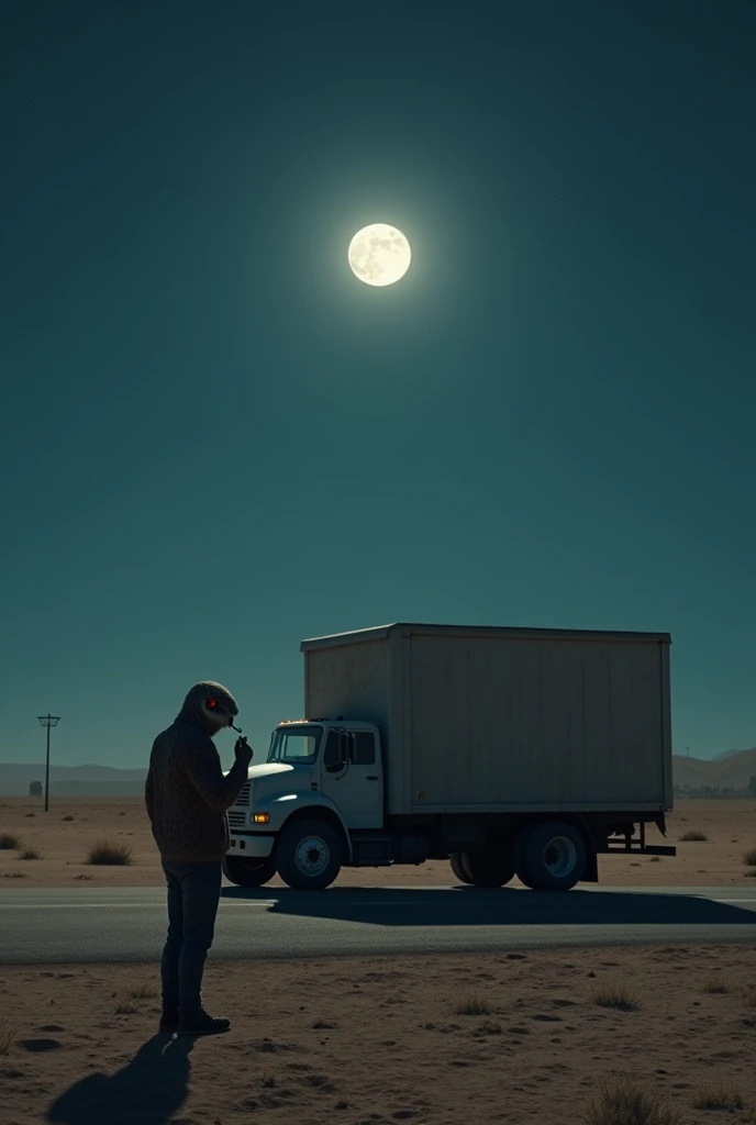 Truck parked in Brazil at night in a desert ,  across the street a man with the head of an owl drinking a coffee bean ,In realism, HD 8K , high definition with moonlight  ,A skyline landscape  