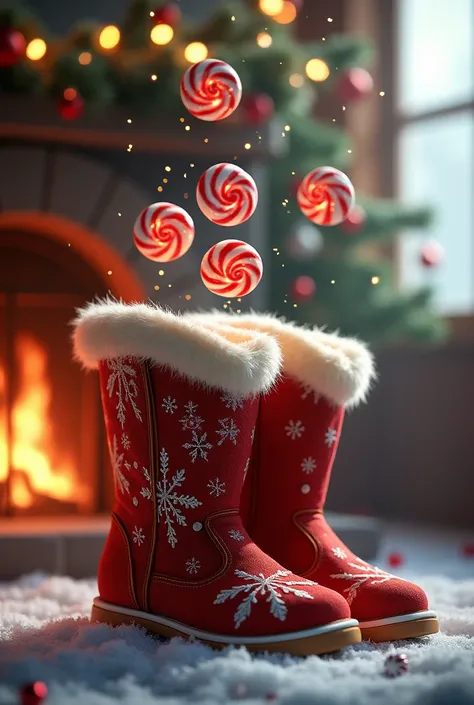 Christmas boots  with three candies inside  Look up and I can see three candies 