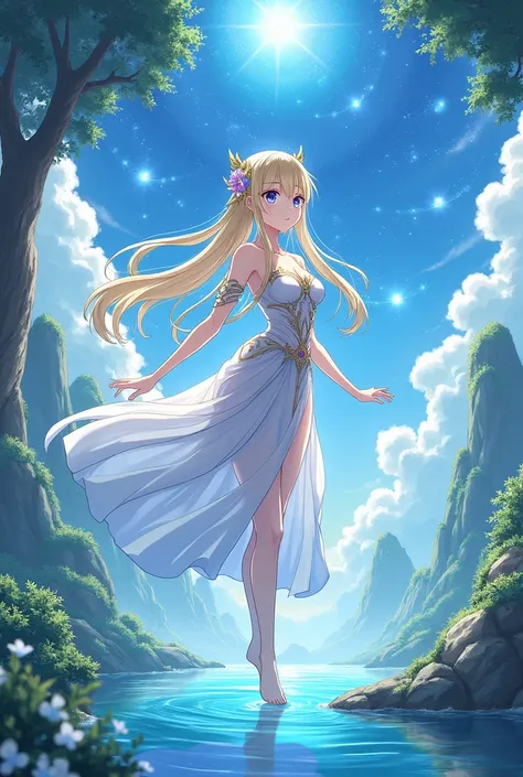  scene in a magical world with the character Aishia from Seirei Gensoku, in a beautiful and slender shape with several traits of the original character, And art style being anime