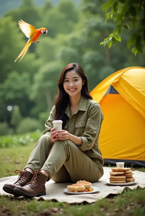  Asian woman wearing khaki hiking suit , Boots,  sitting on a mat , left hand holding BlinkBlink brand skincare , on the mat, there is a set of fresh coffee and a plate of sandwiches. W ,  behind is a tent for a yellow camp ,  in a rich green forest , Ther...